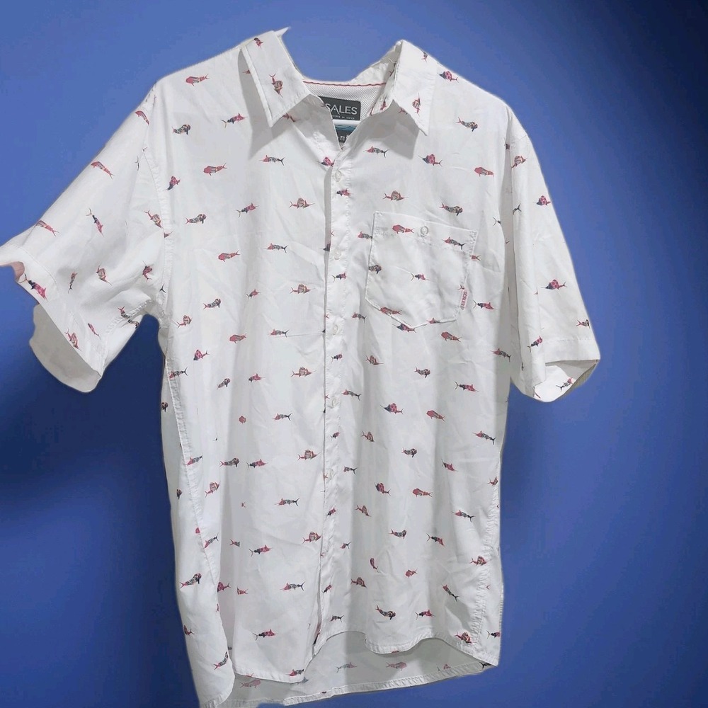 Scales Fishing Shirt L White Short Sleeve Button Front Vented Back Fish Print - Picture 2 of 11
